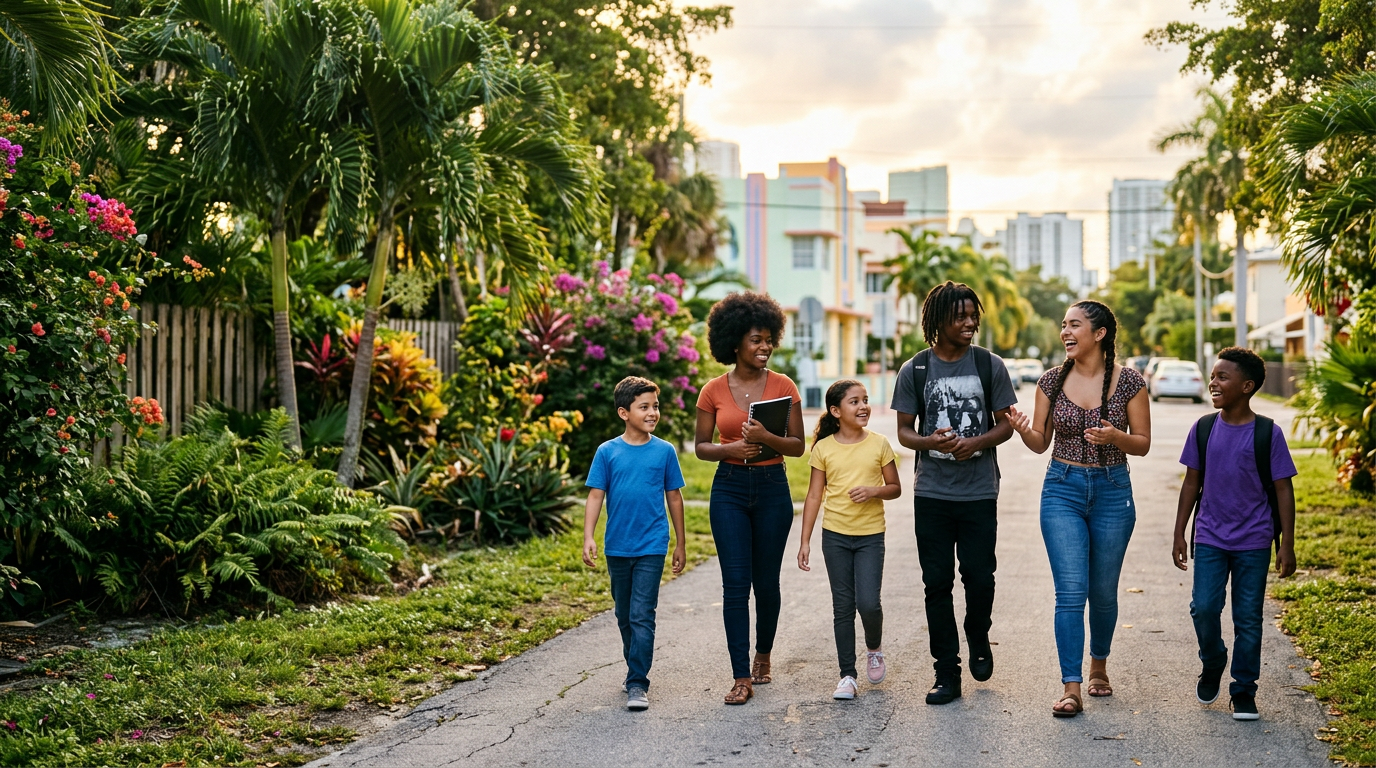 Young people walking together in a Miami community